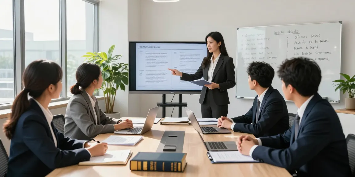 Lawyers collaborating in a meeting room, discussing legal cases on a page of documents, creating a professional atmosphere.