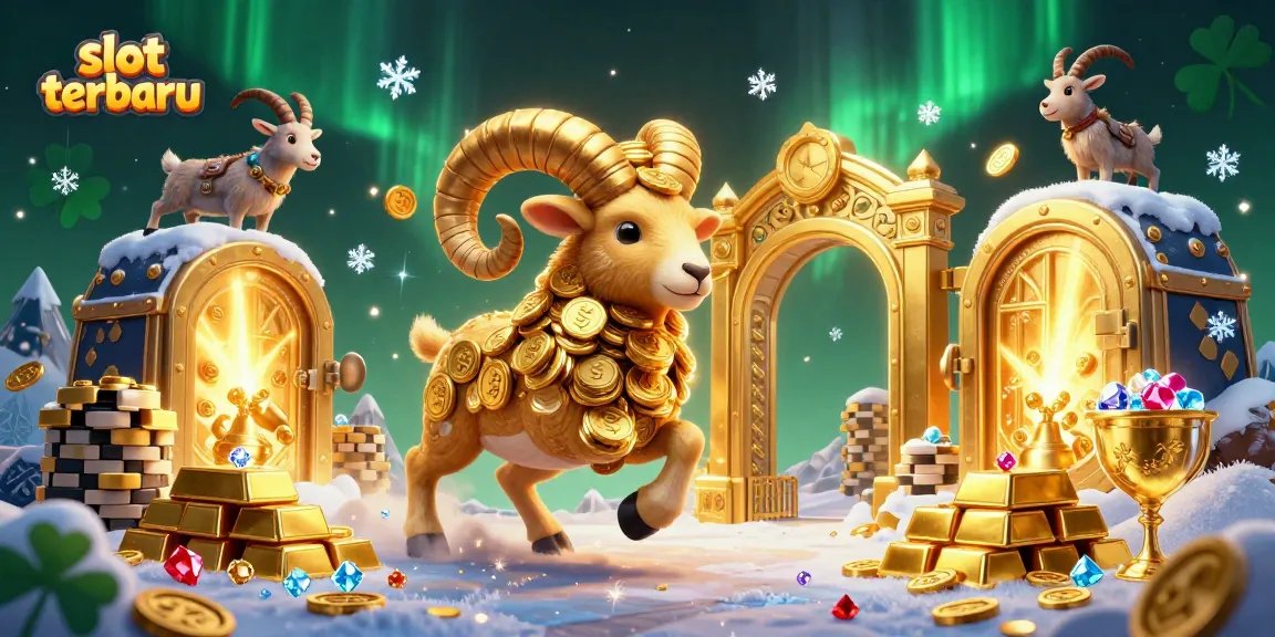 Engage in action with slot terbaru, featuring a golden ram and treasure in this vibrant gambling scene.