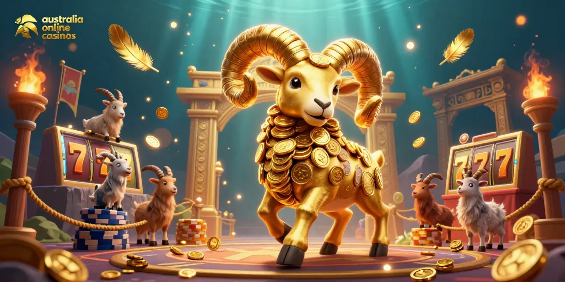 Experience exciting gameplay at australia online casinos featuring a golden ram charging through a dynamic casino arena.