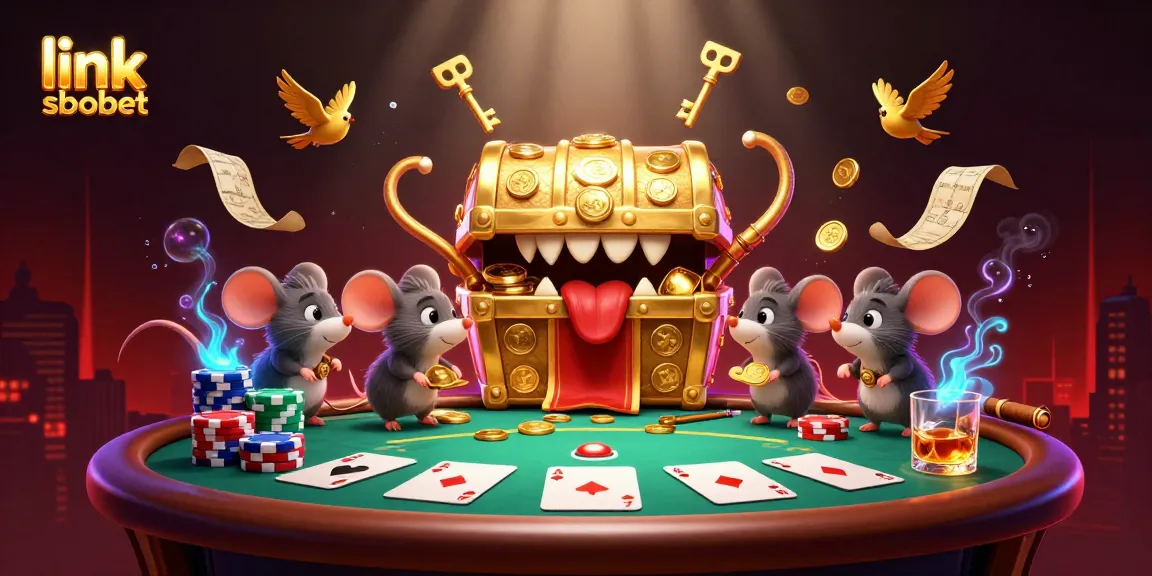 Engage with link sbobet as adventurer mice are lured by riches in this vibrant casino illustration.