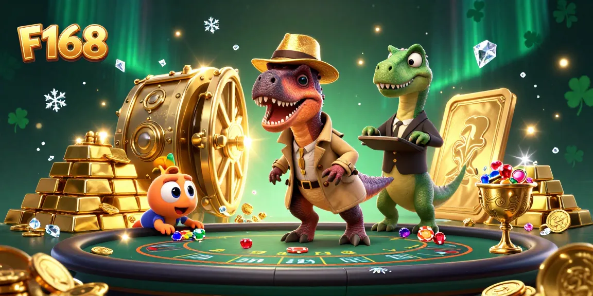Experience the thrilling world of F168 with a velociraptor card counter and a stegosaurus pit boss in a vibrant casino scene.