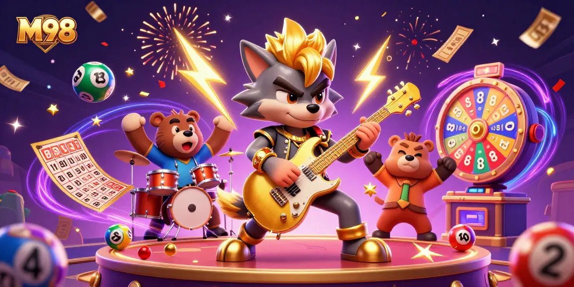 M98 casino illustration featuring a rock star wolf and a drummer bear among lottery balls and golden prizes.